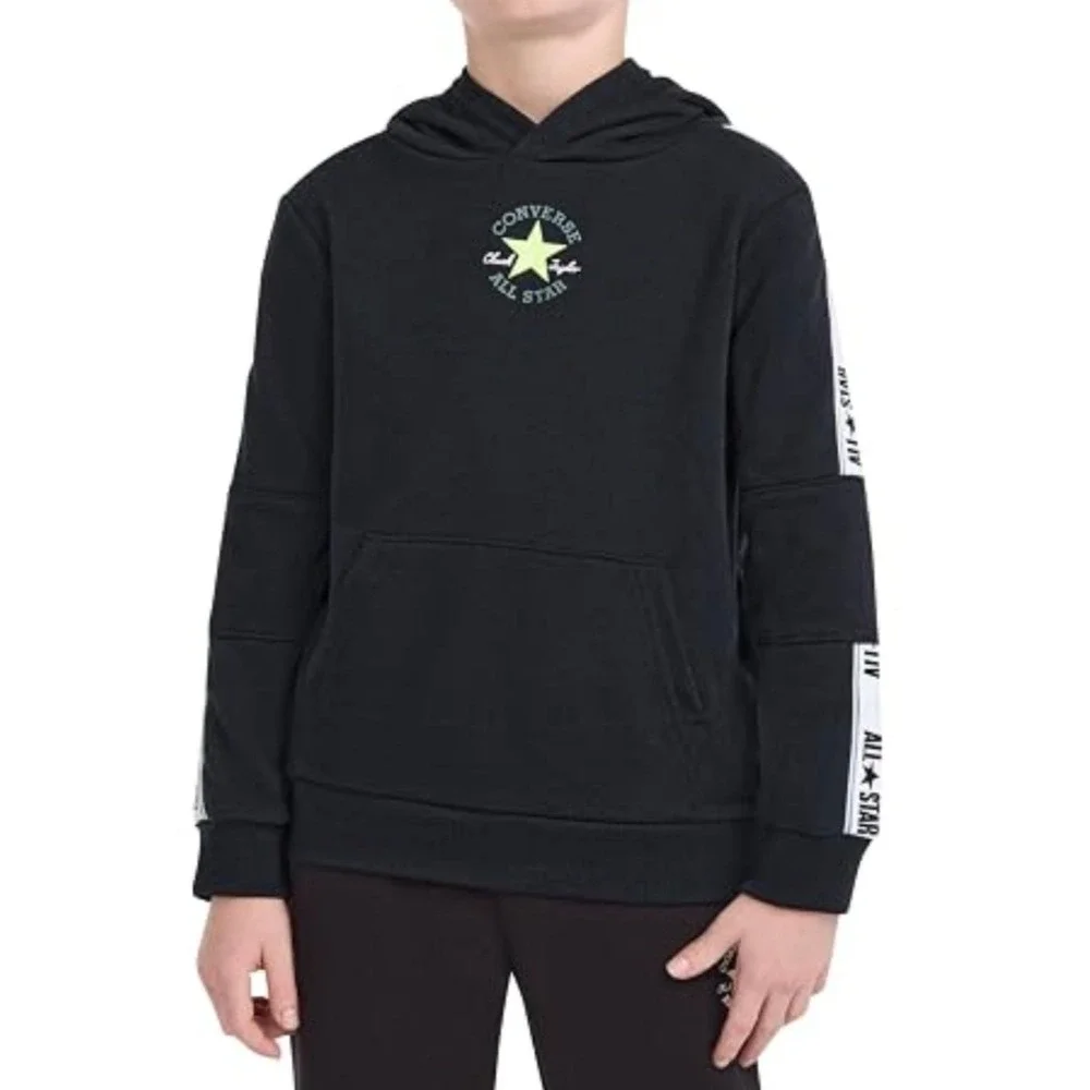 Converse All Star Kids Black Pullover Hoodie Chuck Taylor Logo Tape Size M 10-12